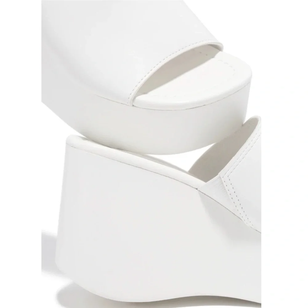 White Wide Band Platform Slip On Sandals - Picture 5 of 8